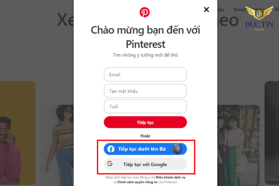 Sử dụng Facebook hoặc Email để đăng ký tài khoản Pinterest